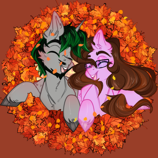 Size: 600x600 | Tagged: safe, artist:bananasplitedy, derpibooru import, oc, oc:ivy rose, oc:logic loop, unofficial characters only, pegasus, pony, unicorn, blushing, commission, ear blush, horn, image, leaf, leaves, makeup, open mouth, pegasus oc, png, sketch, smiling, unicorn oc, wind, wings, ych result, your character here