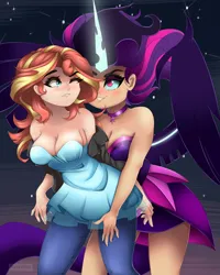 Size: 1280x1603 | Tagged: suggestive, artist:natanvok, derpibooru import, sunset shimmer, twilight sparkle, human, equestria girls, bare shoulders, blushing, breasts, cleavage, grin, gritted teeth, human coloration, humanized, image, midnight sparkle, one eye closed, png, smiling, teeth