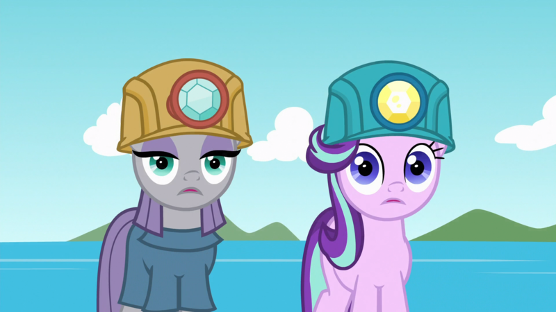 Size: 1920x1080 | Tagged: safe, derpibooru import, screencap, maud pie, starlight glimmer, pony, rock solid friendship, duo, faic, helmet, image, logo, mining helmet, png, shrunken pupils