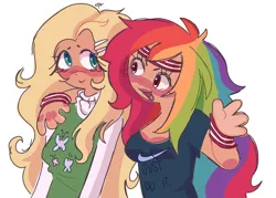 Size: 1424x1022 | Tagged: safe, artist:kyupiid, derpibooru import, fluttershy, rainbow dash, human, alternate hairstyle, blushing, clothes, duo, female, flutterdash, four fingers, headband, humanized, image, lesbian, natural hair color, open mouth, png, shipping, shirt, sweatband, sweater, sweatershy, t-shirt