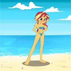 Size: 4614x4613 | Tagged: suggestive, ponerpics import, sunset shimmer, equestria girls, bare shoulders, beach, belly button, bikini, clothes, hand on hip, image, jungle girl, loincloth, png, swimsuit, torn clothes