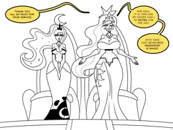 Size: 1800x1350 | Tagged: suggestive, artist:chillguydraws, artist:thicc-verse, derpibooru import, princess celestia, princess luna, human, big breasts, black and white, breasts, busty princess celestia, busty princess luna, clothes, dialogue, dress, duo, duo female, female, grayscale, huge breasts, humanized, image, monochrome, partial color, png, simple background, speech bubble, talking to viewer, throne, white background