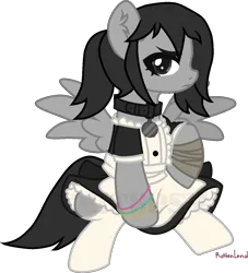 Size: 1117x1231 | Tagged: safe, artist:yeetmedownthestairs, derpibooru import, oc, oc:kazane, unofficial characters only, pegasus, pony, bandage, bracelet, clothes, collar, commission, dress, female, image, jewelry, maid, mare, png, simple background, sitting, socks, solo, stockings, thigh highs, transparent background, unamused, ych result