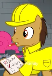 Size: 471x688 | Tagged: safe, derpibooru import, screencap, earth pony, pony, the last laugh, checklist, clipboard, clothes, factory, funny, gag factory, hard hat, hat, image, male, mouth hold, pencil, png, shirt, stallion, uniform, written equestrian