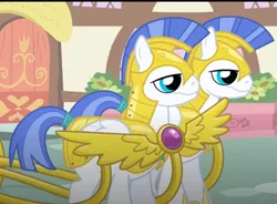 Size: 645x475 | Tagged: safe, derpibooru import, screencap, unnamed character, unnamed pony, pegasus, pony, friendship is magic, season 1, armor, cropped, duo focus, female, folded wings, g4, image, male, pegasus royal guard, png, royal guard, royal guard armor, stallion, wings
