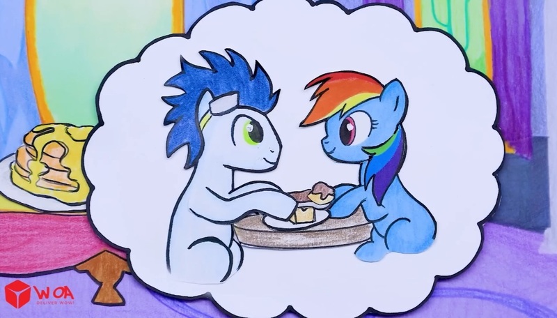 Size: 1263x720 | Tagged: safe, artist:annie korea, derpibooru import, rainbow dash, soarin', pegasus, pony, female, image, jpeg, looking at each other, looking at someone, male, mare, shipping, soarindash, stallion, straight, traditional art