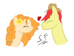 Size: 989x757 | Tagged: safe, artist:solemnfutury, derpibooru import, bright mac, pear butter, pony, cute, duo, duo male and female, eyes closed, female, flower, flower in hair, hat, heart, image, looking at each other, looking at someone, male, mare, png, shipping, simple background, smiling, stallion, white background