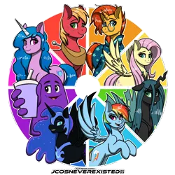 Size: 4093x4093 | Tagged: safe, artist:jcosneverexisted, derpibooru import, big macintosh, fluttershy, izzy moonbow, nightmare moon, queen chrysalis, rainbow dash, sunburst, changeling, pegasus, pony, unicorn, g5, clothes, female, grimace, image, looking at you, male, mare, one of these things is not like the others, png, stallion