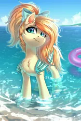 Size: 2500x3725 | Tagged: safe, artist:hakaina, derpibooru import, oc, oc:sunshine drift, unofficial characters only, bat pony, pony, bat eyes, bat pony oc, bat wings, beach, bow, chest fluff, commission, cute, cute little fangs, ear fluff, eyebrows, fangs, female, folded wings, full body, hair bow, head tilt, image, jpeg, legs in the water, looking at you, mare, outdoors, partially submerged, pool toy, raised eyebrow, water, wings, ych result