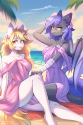 Size: 2002x3004 | Tagged: safe, artist:fensu-san, derpibooru import, oc, unofficial characters only, alicorn, anthro, bat pony, unguligrade anthro, alicorn oc, bat pony oc, bat wings, beach, horn, image, png, wings