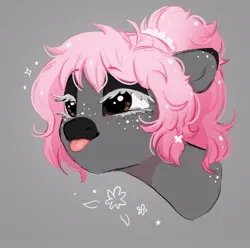 Size: 932x926 | Tagged: safe, artist:melodylibris, derpibooru import, oc, unofficial characters only, earth pony, pony, bust, cute, dark muzzle, eyebrows, eyebrows visible through hair, facial markings, female, freckles, gray background, image, jpeg, mare, ocbetes, simple background, solo, tongue out