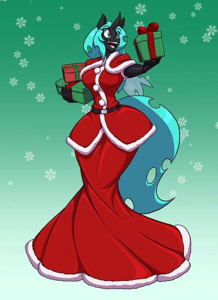 Size: 931x1280 | Tagged: safe, artist:toughset, derpibooru import, changeling queen oc, oc, anthro, changeling, changeling queen, breasts, busty oc, christmas, clothes, commission, costume, dress, female, green background, holiday, image, jpeg, open mouth, open smile, present, santa costume, simple background, smiling, snow, snowfall, solo
