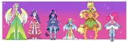 Size: 1280x435 | Tagged: safe, artist:vio-mlp-creator, derpibooru import, applejack, fluttershy, pinkie pie, rainbow dash, rarity, twilight sparkle, anthro, earth pony, pegasus, unguligrade anthro, unicorn, breasts, butt, clothes, covered nipples, delicious flat chest, disproportional anatomy, dress, female, gala dress, gown, gradient background, grin, hand on hip, height difference, huge butt, image, large butt, looking at you, mane six, png, smiling, smiling at you, smoldash, strategically covered, unicorn twilight