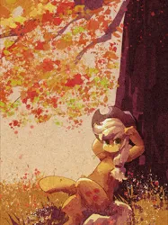 Size: 1280x1707 | Tagged: safe, artist:lendftcn, derpibooru import, applejack, earth pony, pony, autumn, crossed legs, female, film grain, grass, hooves behind head, image, jpeg, looking at you, mare, sitting, solo, tree