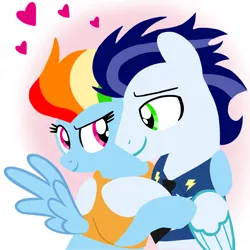 Size: 1400x1400 | Tagged: safe, artist:mlplary6, derpibooru import, rainbow dash, soarin', pegasus, pony, the last problem, bomber jacket, clothes, female, heart, hug, husband and wife, image, jacket, looking at each other, looking at someone, love, male, mare, older, older rainbow dash, older soarin', png, shipping, smiling, smiling at each other, soarindash, stallion, straight