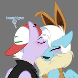 Size: 3420x3434 | Tagged: safe, artist:feather_bloom, derpibooru import, oc, eevee, pegasus, pony, blushing, clothes, costume, halloween, halloween costume, hat, holiday, image, jacket, leather, leather jacket, nightmare night, piercing, png, pokémon, pokémon trainer, simple background, wholesome