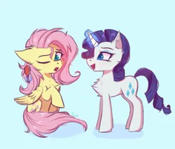Size: 1178x1003 | Tagged: safe, artist:maxi_ponie, derpibooru import, fluttershy, rarity, pony, chest fluff, comb, cute, duo, duo female, eyebrows, female, flarity, folded wings, g4, glow, glowing horn, horn, image, jpeg, lesbian, levitation, light blue background, looking at someone, magic, magic aura, mare, one eye closed, open mouth, open smile, raised hoof, raribetes, shipping, shyabetes, signature, simple background, sitting, smiling, telekinesis, wings