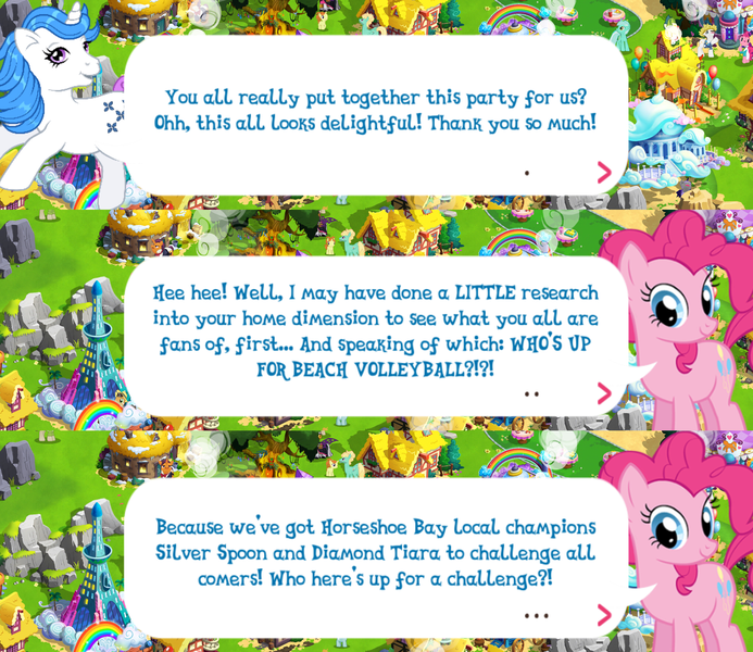 Size: 2048x1773 | Tagged: safe, derpibooru import, idw, official, majesty, pinkie pie, earth pony, pony, unicorn, g1, dialogue, dialogue box, english, female, g4, gameloft, horn, idw showified, image, implied diamond tiara, implied silver spoon, mare, mobile game, my little pony: magic princess, png, speech bubble, text