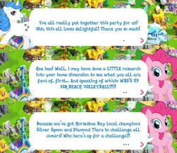 Size: 2048x1773 | Tagged: safe, derpibooru import, idw, official, majesty, pinkie pie, earth pony, pony, unicorn, g1, dialogue, dialogue box, english, female, g4, gameloft, horn, idw showified, image, implied diamond tiara, implied silver spoon, mare, mobile game, my little pony: magic princess, png, speech bubble, text