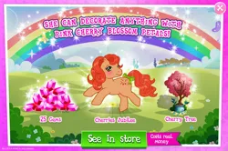 Size: 1961x1300 | Tagged: safe, derpibooru import, idw, official, cherries jubilee, earth pony, pony, g1, advertisement, bow, bush, costs real money, english, female, g4, gameloft, gem, idw showified, image, jpeg, mare, mobile game, my little pony: magic princess, numbers, sale, solo, tail, tail bow, text, tree