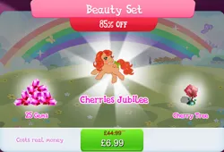 Size: 1263x858 | Tagged: safe, derpibooru import, idw, official, cherries jubilee, earth pony, pony, g1, bow, bundle, bush, costs real money, english, female, g4, gameloft, gem, idw showified, image, jpeg, mare, mobile game, my little pony: magic princess, numbers, sale, solo, tail, tail bow, text, tree