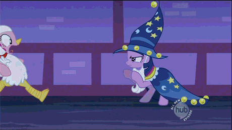 Size: 460x259 | Tagged: safe, derpibooru import, screencap, pinkie pie, twilight sparkle, earth pony, pony, unicorn, luna eclipsed, animal costume, animated, bipedal, chicken pie, chicken suit, clothes, costume, female, gif, image, lying down, on back, on top, pinned, rolling, star swirl the bearded costume, tackle, tumbling, unicorn twilight