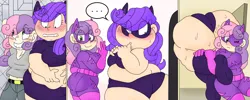 Size: 4860x1935 | Tagged: suggestive, artist:blackbewhite2k7, derpibooru import, rarity, sweetie belle, human, ass, bodysuit, butt, catmare, chubby, clothes, commission, fat, humanized, image, kitrina falcone, panties, png, raritubby, rearity, underwear