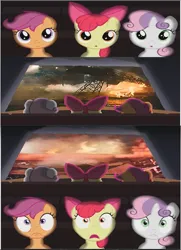 Size: 431x595 | Tagged: safe, derpibooru import, apple bloom, scootaloo, sweetie belle, pony, one bad apple, season 3, big mickey, crane, cutie mark crusaders, exploitable meme, female, filly, fire, foal, image, male, meme, munitions, nightmare fuel, png, scared, theater, theater meme, tugs
