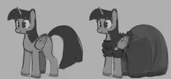 Size: 1413x658 | Tagged: safe, artist:_ton618_, derpibooru import, twilight sparkle, twilight sparkle (alicorn), alicorn, pony, clothes, dress, female, gray background, grayscale, image, mare, missing cutie mark, monochrome, png, simple background, solo