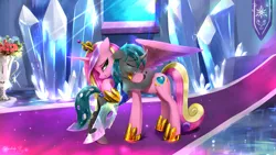 Size: 2400x1350 | Tagged: safe, artist:darksly, derpibooru import, princess cadance, queen chrysalis, oc, oc:poison trail, alicorn, changeling, pony, banner, carpet, crystal, crystal empire, disguise, disguised changeling, duo, fake cadance, female, flower, flower vase, image, jewelry, jpeg, looking at someone, mare, regalia, rose, window