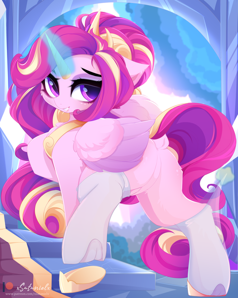 Size: 4000x5000 | Tagged: safe, alternate version, artist:xsatanielx, derpibooru import, princess cadance, alicorn, pony, absurd resolution, butt, dock, eyebrows, featureless crotch, female, glow, glowing horn, grin, horn, image, looking at you, looking back, looking back at you, lovebutt, mare, patreon, patreon logo, plot, png, raised hoof, smiling, smiling at you, solo, tail