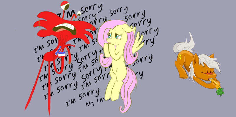 Size: 2570x1277 | Tagged: suggestive, ponerpics import, fluttershy, apology, carrot, drawthread, epona, food, foster's home for imaginary friends, image, png, the legend of zelda, wilt