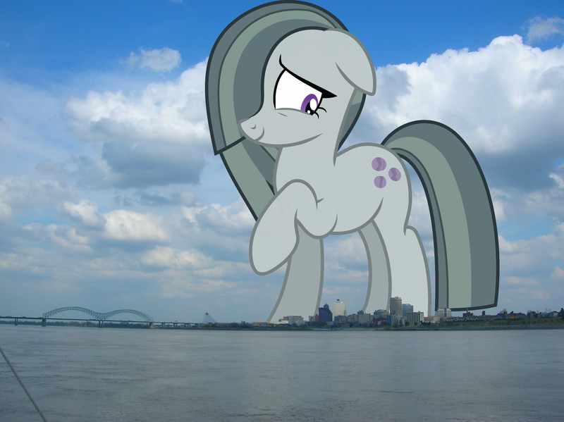 Size: 2047x1532 | Tagged: safe, artist:gamemasterluna, derpibooru import, edit, editor:jaredking779, marble pie, earth pony, pony, cute, female, floppy ears, giant pony, giantess, hair over one eye, highrise ponies, image, irl, jpeg, macro, mare, memphis, nervous, photo, ponies in real life, raised hoof, smiling, solo, story included, tennessee