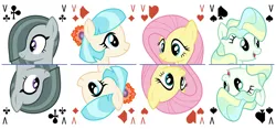 Size: 6400x3000 | Tagged: safe, artist:parclytaxel, derpibooru import, coco pommel, fluttershy, marble pie, vapor trail, earth pony, pegasus, pony, series:parcly's pony pattern playing cards, .svg available, absurd resolution, bust, female, image, jack of clubs, jack of diamonds, jack of hearts, jack of spades, mare, open mouth, open smile, playing card, png, portrait, rotational symmetry, simple background, smiling, tarot card, the council of shy ponies, vector, white background