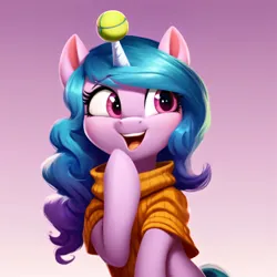 Size: 3072x3072 | Tagged: safe, derpibooru import, machine learning generated, stable diffusion, izzy moonbow, pony, unicorn, g5, ai content, ball, clothes, cute, female, generator:purplesmart.ai, gradient background, horn, hornball, image, izzy's tennis ball, izzybetes, mare, open mouth, open smile, png, smiling, solo, sweater, tennis ball