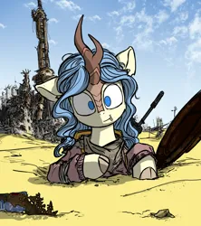 Size: 9449x10630 | Tagged: oc name needed, safe, artist:china consists of them!, derpibooru import, oc, unofficial characters only, kirin, cloven hooves, desert, gun, image, jpeg, looking at you, ruins, sand, shanghai, weapon