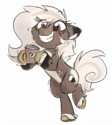 Size: 1879x2101 | Tagged: safe, artist:littleblackraencloud, derpibooru import, oc, unofficial characters only, earth pony, pony, coffee, coffee cup, colored sketch, cup, eye clipping through hair, female, grin, hoof hold, image, jpeg, mare, shivering, simple background, sketch, smiling, solo, standing, standing on one leg, unshorn fetlocks, white background