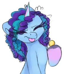 Size: 1732x1995 | Tagged: safe, artist:littleblackraencloud, derpibooru import, pony, unicorn, g5, eyes closed, floppy ears, hoof hold, image, jpeg, misty brightdawn, simple background, solo, tongue out, white background