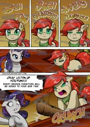 Size: 1204x1700 | Tagged: safe, artist:tarkron, derpibooru import, rarity, oc, oc:red scarla, pony, unicorn, comic:the royal sandal, angry, baseball bat, dialogue, duo, eye scar, facial scar, female, floppy ears, image, mare, open mouth, png, scar, speech bubble, yelling
