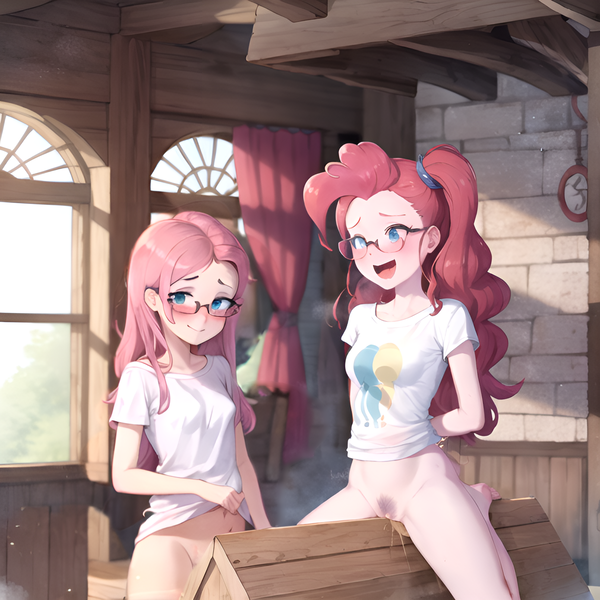 Size: 1520x1520 | Tagged: explicit, derpibooru import, machine learning generated, stable diffusion, fluttershy, pinkie pie, human, ai content, bondage, bondage furniture, bottomless, clothes, glasses, humanized, image, nudity, partial nudity, png, shirt, vulva, wooden horse