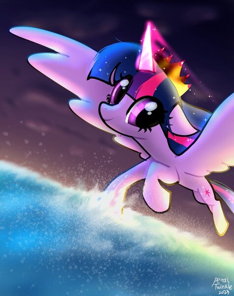 Size: 811x1024 | Tagged: safe, artist:petaltwinkle, derpibooru import, twilight sparkle, twilight sparkle (alicorn), alicorn, pony, cronw, eye clipping through hair, female, floppy ears, flying, glow, glowing horn, horn, image, jpeg, mare, signature, smiling, solo, water