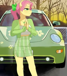 Size: 1823x2083 | Tagged: safe, alternate version, artist:aztrial, derpibooru import, posey (g5), anthro, earth pony, g5, bow, car, cardigan, clothes, fence, hair bow, image, jewelry, meme, necklace, png, skirt, solo, tree, tube top, volkswagen, volkswagen beetle