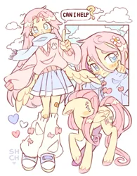 Size: 1535x1971 | Tagged: safe, artist:sharpycharot, derpibooru import, fluttershy, human, pegasus, pony, blush sticker, blushing, clothes, female, floppy ears, heart, human ponidox, humanized, image, jpeg, leg warmers, mare, scarf, self paradox, self ponidox, shoes, simple background, skirt, sneakers, talking to viewer, turned head, unshorn fetlocks, white background, winged humanization, wings