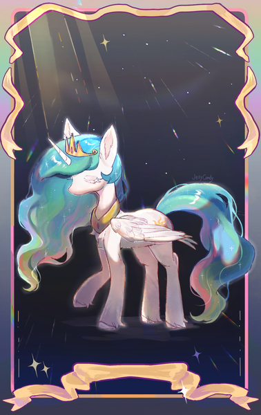 Size: 873x1385 | Tagged: safe, artist:twiligh44097152, derpibooru import, princess celestia, alicorn, pony, crepuscular rays, eyes closed, female, image, jpeg, mare, solo