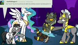 Size: 960x561 | Tagged: safe, artist:lupisvulpes, derpibooru import, princess celestia, oc, oc:monochromatic heart, alicorn, changeling, pony, angry, armor, armored pony, ask, deviantart, image, looking at someone, night, png, talking