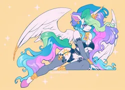 Size: 2048x1463 | Tagged: suggestive, artist:spookieghoulie, derpibooru import, princess celestia, alicorn, anthro, unguligrade anthro, breasts, clothes, crown, ear piercing, earring, female, horn, horn ring, image, jewelry, jpeg, lingerie, piercing, regalia, ring, sexy, simple background, solo, wasp waist, yellow background