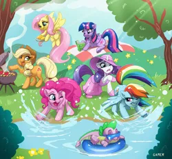 Size: 1500x1391 | Tagged: safe, artist:thegamercolt, derpibooru import, applejack, fluttershy, pinkie pie, rainbow dash, rarity, spike, twilight sparkle, twilight sparkle (alicorn), alicorn, dragon, earth pony, pegasus, pony, unicorn, 2015, apple, applejack's hat, barbeque, book, clothes, colored eyebrows, cookie, cowboy hat, crepuscular rays, dress, eyebrows, eyes closed, female, floaty, flower, flying, folded wings, food, freckles, g4, grass, grill, hat, horn, image, inflatable, inner tube, jpeg, lying down, mane seven, mane six, mare, misspelling, old art, one eye closed, open mouth, open smile, outdoors, picnic blanket, pond, pool toy, prone, raised hoof, reading, septet, shoes, signature, smiling, splashing, spread wings, summer, summer dress, sun hat, sunglasses, tree, underhoof, water, wings