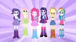 Size: 750x421 | Tagged: safe, derpibooru import, screencap, applejack, fluttershy, pinkie pie, rainbow dash, rarity, twilight sparkle, equestria girls, belt, boots, clothes, cowboy boots, cowboy hat, hat, high heel boots, image, jacket, jpeg, mane six, shirt, shoes, skirt, socks, vest