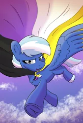 Size: 2048x3029 | Tagged: safe, artist:single purpose, derpibooru import, oc, oc:exobass, pegasus, flag, flying, image, nonbinary pride flag, png, pride, pride flag, sky, solo, spread wings, wings