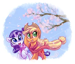 Size: 1650x1400 | Tagged: safe, artist:whitediamonds, derpibooru import, applejack, rarity, earth pony, pony, unicorn, applejack's hat, cherry blossoms, clothes, cowboy hat, duo, duo female, eyebrows, eyebrows visible through hair, female, flower, flower blossom, freckles, g4, grin, hat, horn, image, lesbian, mare, open mouth, open smile, png, raised hoof, rarijack, rarijack daily, scarf, shipping, signature, smiling, spring